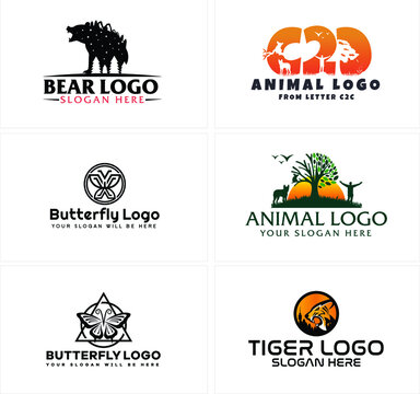 A set of illustration animal logo template with various kinds such as bear, butterfly, fox, and tiger circle initial logo vector design. Isolated on white background