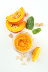 Concept of tasty food, pumpkin jam, top view