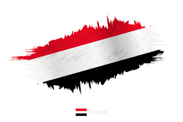 Painted brushstroke flag of Yemen with waving effect.