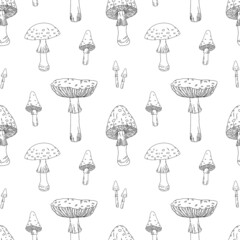 Hand drawn seamless pattern, forest mushrooms, linear graphics. Black and white illustration.