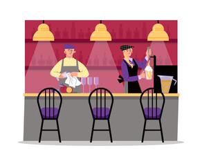 Bartender woman pouring beer and man wiping glasses with towel, bar counter flat vector illustration.