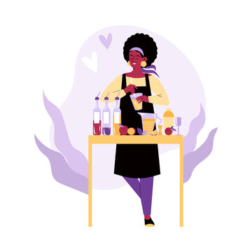 Woman bartender makes drinks, cocktails, vector flat illustration on a white background.