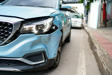 Plakat Front of the modern vehicle have a heavy - major damaged. Car crash - accident on the road.