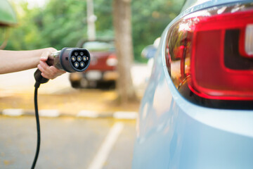 woman preparing an EV - electric vehicle charging connector for recharge a vehicle.