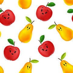 Pear and apple fruit background, seamless pattern.