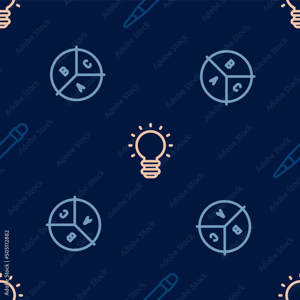 Poster set line pencil with eraser, pie chart infographic and creative lamp light idea on seamless pattern.