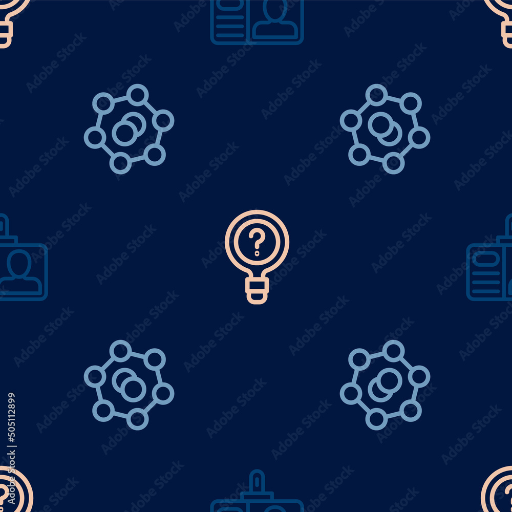 Poster set line identification badge, molecule and unknown search on seamless pattern. vector