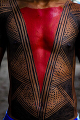 Painted torso of indian man from the Asurini indigenous tribe in the Brazilian Amazon. Xingu River.