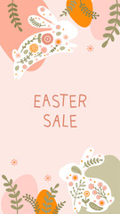 Social media template with silhouette Easter eggs, rabbit and flowers in gentle pastel colors. Illustration holiday easter bunny and eggs in flat style with space for your text. Vector - 505113225