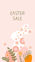 Social media template with silhouette Easter eggs, rabbit and flowers in gentle pastel colors. Illustration holiday easter hare and eggs in flat style with space for your text. Vector