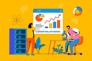 Data science web concept in flat 2d design. Man and woman working with databases and analyzing on dashboard. Tech support team maintain of server racks room work. Vector illustration with people scene - obrazy, fototapety, plakaty
