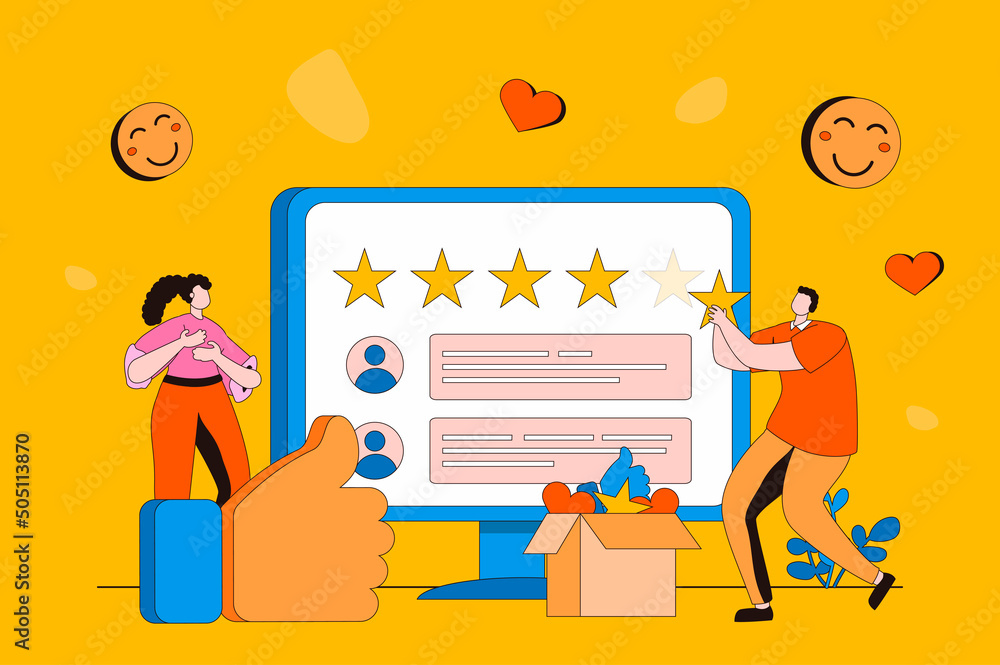 Leinwandbilder Feedback page web concept in flat 2d design. Clients leave comments with experiences, ratings and reviews. Customer satisfaction and service quality evaluation. Vector illustration with people scene