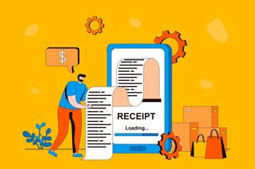 Electronic receipt web concept in flat 2d design. Man receives invoice and pays it online using mobile app on his smartphone. Banking services and transactions. Vector illustration with people scene - obrazy, fototapety, plakaty