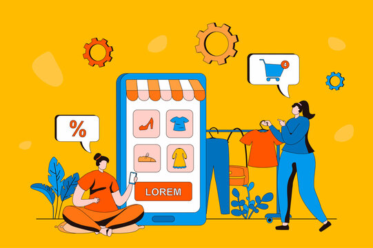 Mobile commerce web concept in flat 2d design. Women choose clothes and other goods in mobile application. Buyers make profitable purchases and pay online. Vector illustration with people scene