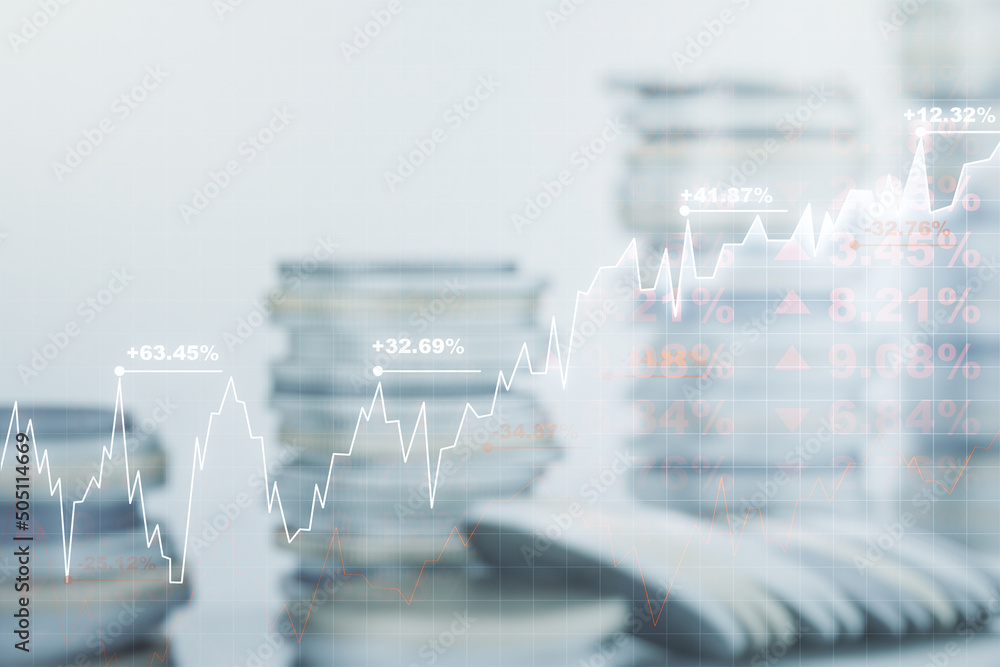 Poster multi exposure of abstract virtual financial graph hologram on stacks of coins background, forex and