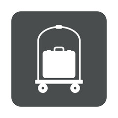 Logo luggage cart. Icono con silueta de maleta en carrito para equipaje en hotel en cuadrado color gris