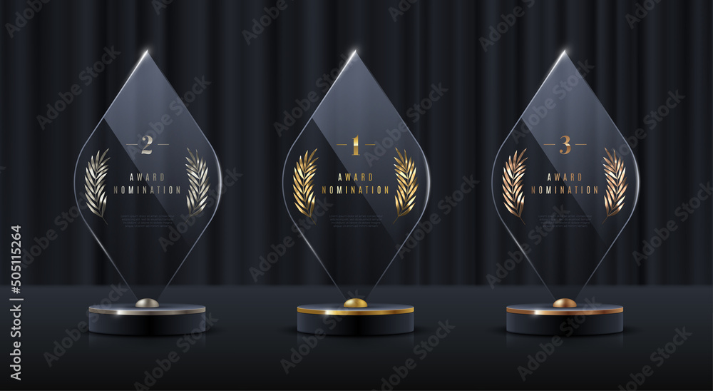 Wall mural glass award trophy set.transparent prize template with golden palm branch. winner first place concep