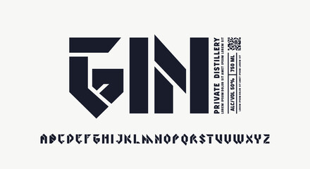 Stencil-plate sans serif font in viking style and template label for gin