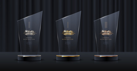 Glass award trophy set. Transparent prize template with golden palm branch. Winner first place concept. Vector illustration. - 505115232