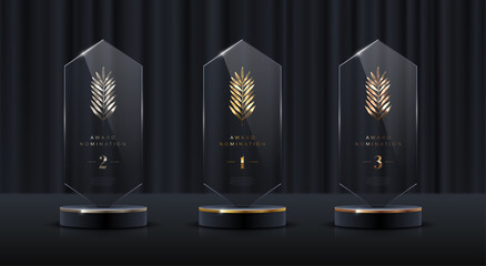 Glass award trophy set. Transparent prize template with golden palm branch. Winner first place concept. Vector illustration.