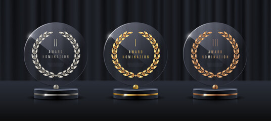 Glass award trophy set.Transparent prize template with golden laurel wreath. Winner first place concept. Vector illustration.	 - 505115262