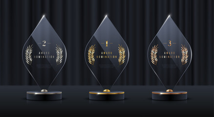Glass award trophy set.Transparent prize template with golden palm branch. Winner first place concept. Vector illustration. - obrazy, fototapety, plakaty