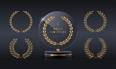 Glass award trophy set.Transparent prize template with golden laurel wreath. Winner first place concept. Vector illustration. - obrazy, fototapety, plakaty