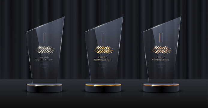 Glass Award Trophy Set. Transparent Prize Template With Golden Palm Branch. Winner First Place Concept. Vector Illustration.