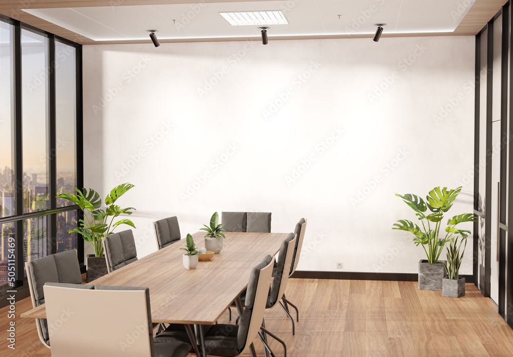 Poster blank wall mockup in bright wooden office with windows and sun passing through. empty company meetin