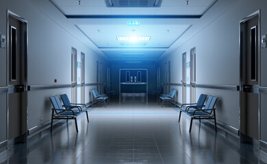 Long dark hospital corridor with rooms and seats 3D rendering. Empty accident and emergency interior with bright lights lighting the hall from the ceiling - obrazy, fototapety, plakaty
