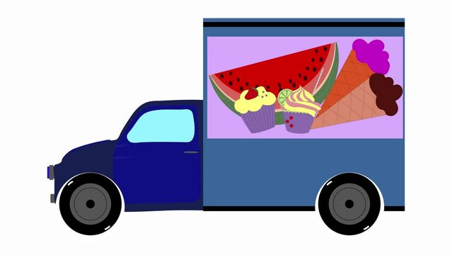 animation of a truck that goes to deliver ice cream, cake and other sweets