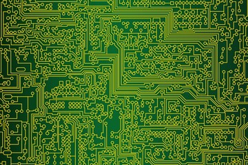 Green printed circuit board with yellow contacts on a gradient background. Schematic representation of electrical contacts and conductors