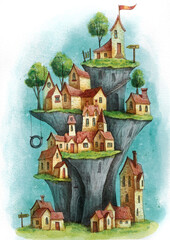 Village on the mountains with houses, trees, grass and flag. Watercolor hand drawn illustration.