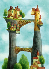Village on the mountains with houses, trees, grass and bridge. Watercolor hand drawn illustration.