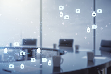 Double exposure of abstract virtual medical hologram on a modern meeting room background. Healthcare technolody concept