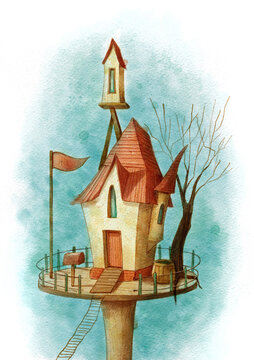 House in the sky with flag and dry tree. Watercolor hand drawn illustration.
