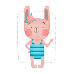 Vector isolated image of a cartoon bunny on the beach in a swimsuit. Children's illustration in hand-drawn style.
