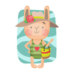 Vector isolated image of a cartoon bunny on the beach in a swimsuit and hat. Children's illustration in hand-drawn style.