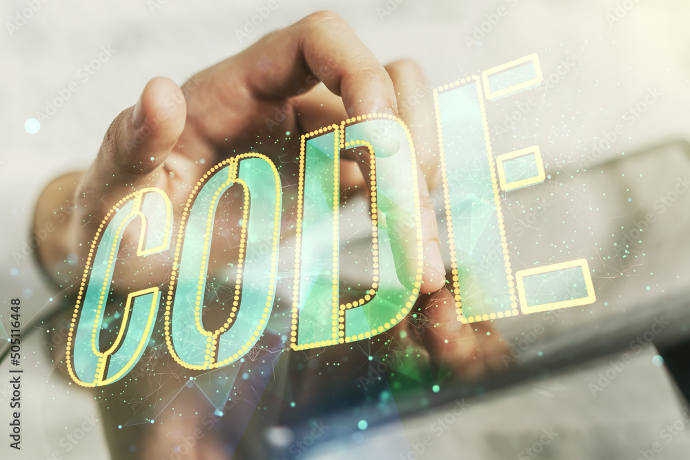Poster creative code word hologram and finger clicks on a digital tablet on background, artificial intellig