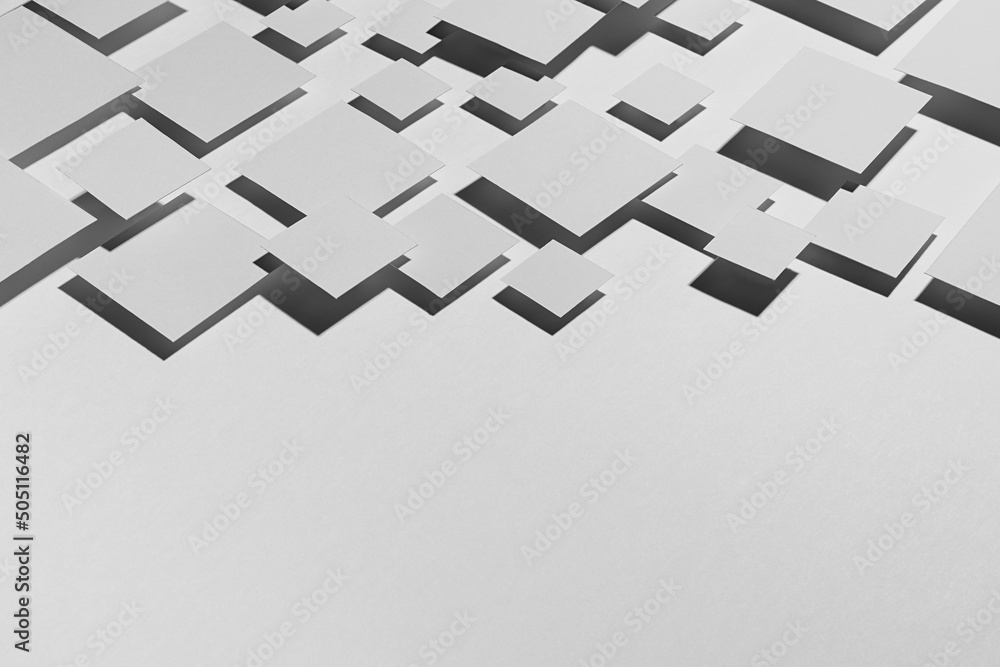 Poster grey geometric texture with flying rhombuses in hard light with contrast black shadows as border, co