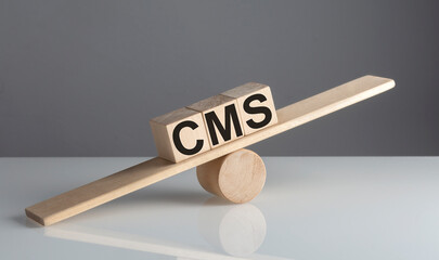 CMS on wooden cubes on a wooden balance , business concept