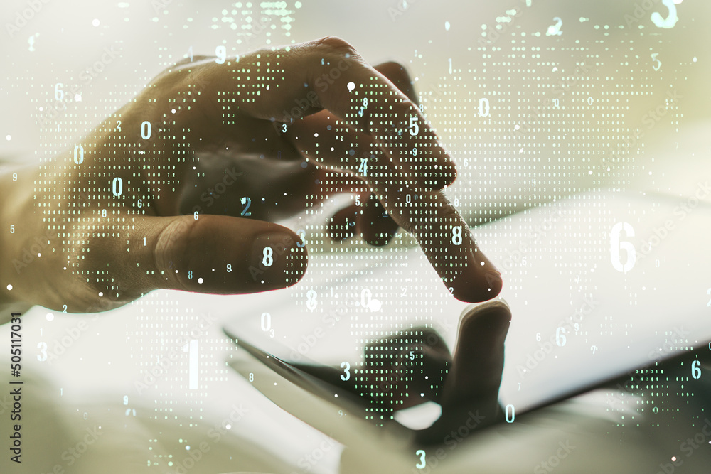 Fototapete multi exposure of abstract software development hologram with world map and finger presses on a digi