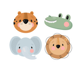 African Animals. Lion, crocodile, elephant, leopard. Vector illustration in cartoon style. For card, posters, banners, books and print for clothes, t shirt, icons.