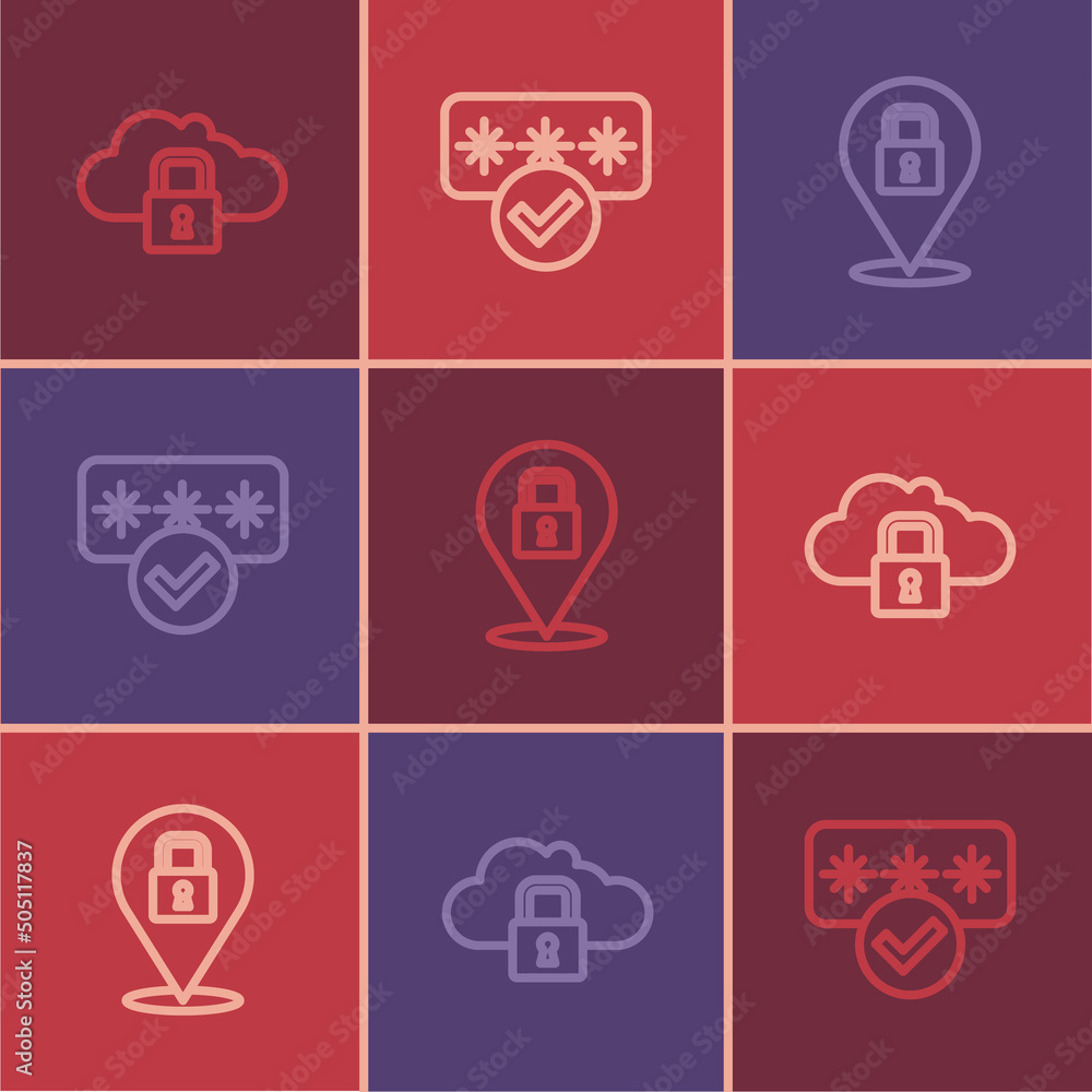 Poster set line cloud computing lock, lock and password protection icon. vector