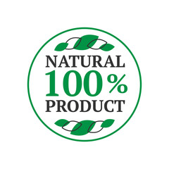 Emblem of 100% natural product with leaves in black and green colors. Vector stock image.