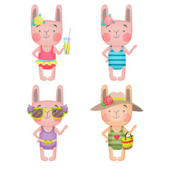 Set of vector children's illustrations with the image of bunnies on a summer beach vacation.