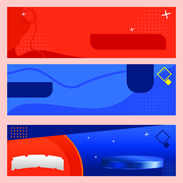 set of blue and orange podium mockup templates for filling text and products. vector background
