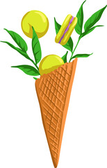 Summer vector illustration - a waffle cone from under ice cream from which leaves and macarons cakes are visible