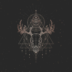 Vector illustration with hand drawn Deer skull and Sacred geometric symbol on black vintage background. Abstract mystic sign.