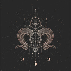 Vector illustration with hand drawn Wild ram skull and Sacred geometric symbol on black vintage background. Abstract mystic sign.